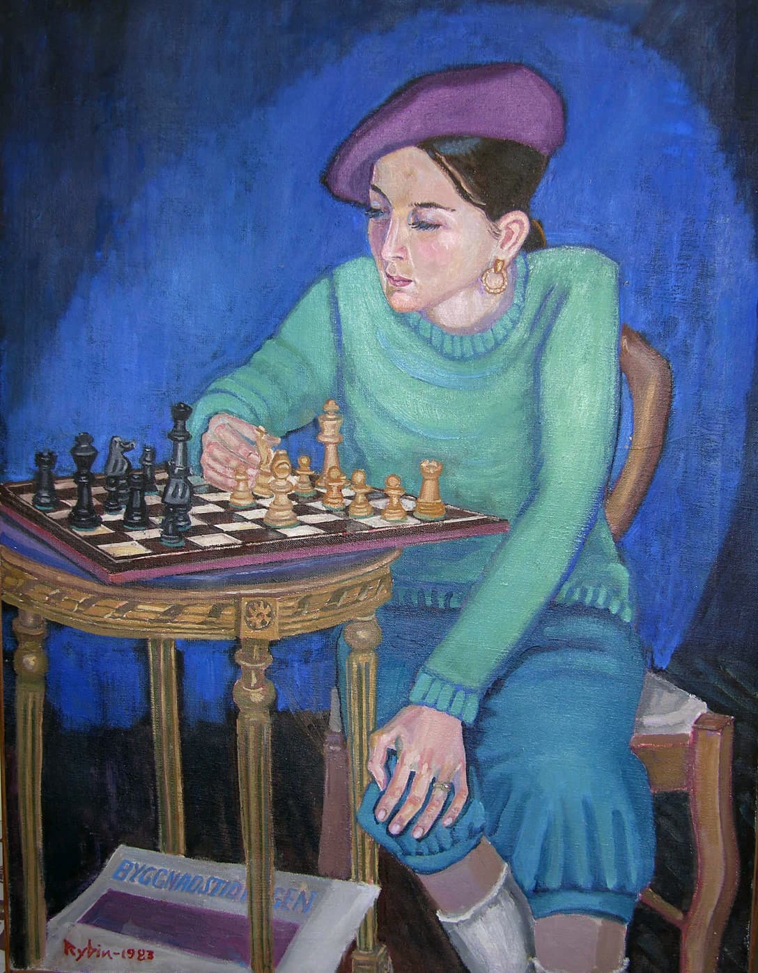 Tableau portrait joueuse d'echec de 1983